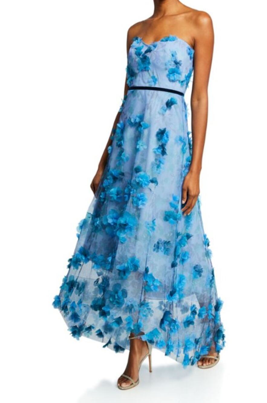 MARCHESA NOTTE 3D Floral Formal Dress Blue Strapless Women's 6